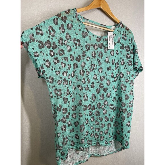 NWT Boutique‎ Aqua Leopard Lightweight Loose Knit Blouse Top Sz M Oversized - Picture 2 of 10